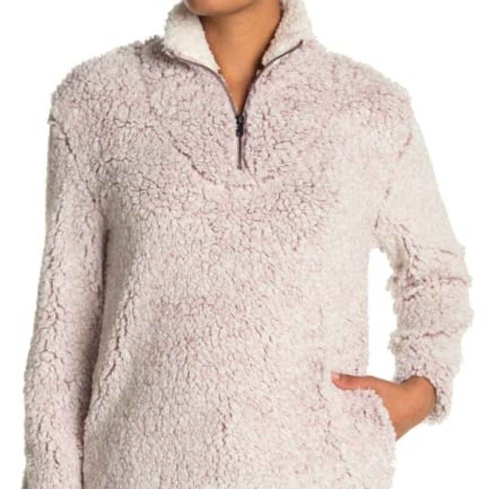 New CoffeeShop Fuzzy Quarter Zip Pullover Sand Color Sweatshirt Women's Sz M NWT